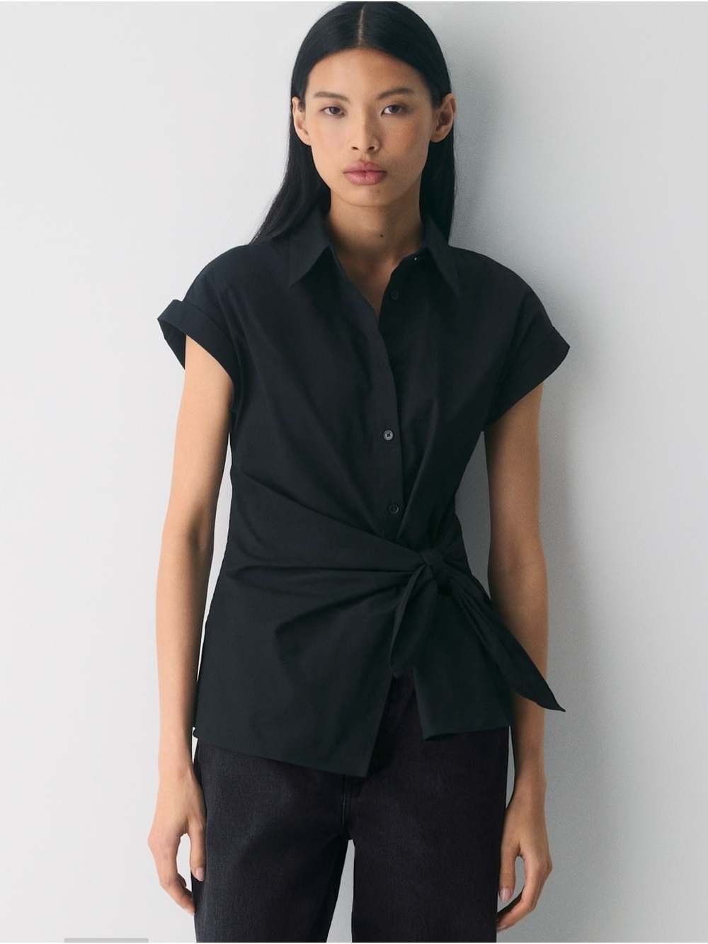 Babaton by Aritzia Blueprint Poplin Shirt Tie-Waist Cap Sleeve Shirt Black XXS